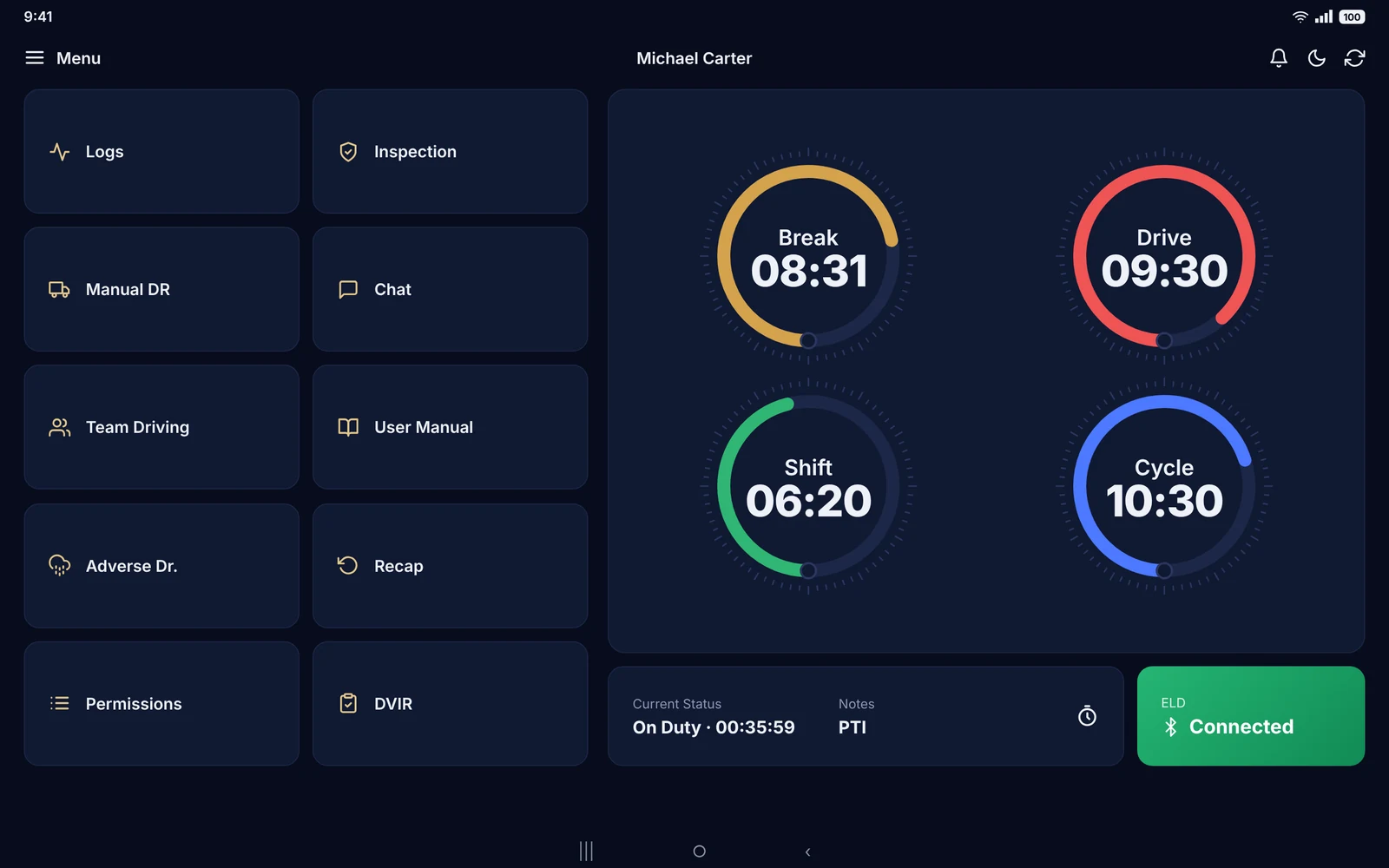Lumos ELD driver app dashboard with Break, Drive, Shift and Cycle clocks